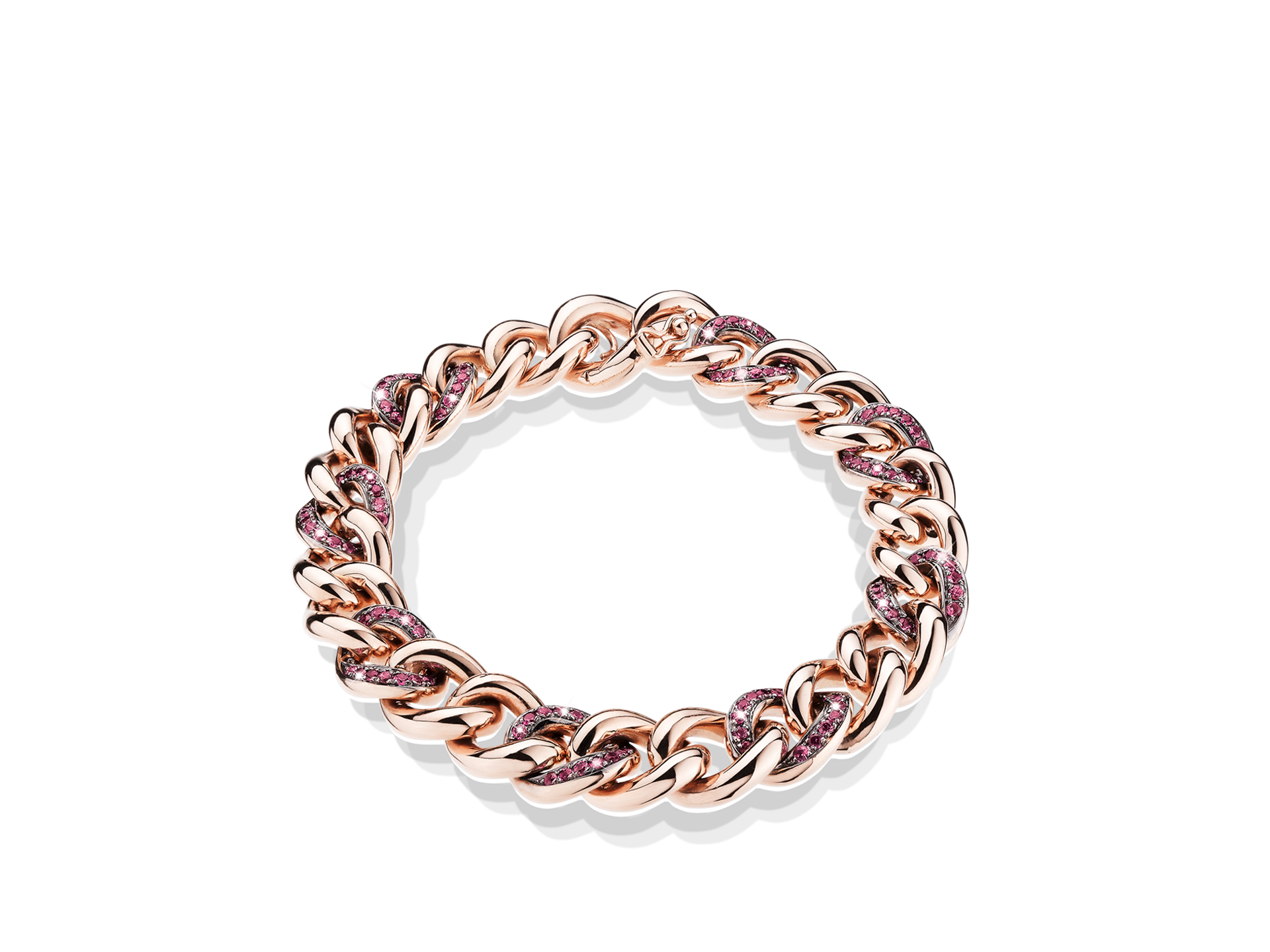 Ein roségoldenes SAPHIR-PANZERARMBAND von Schullin mit aufwendigen rosa Saphir-Akzenten in einem kreisförmigen Muster.