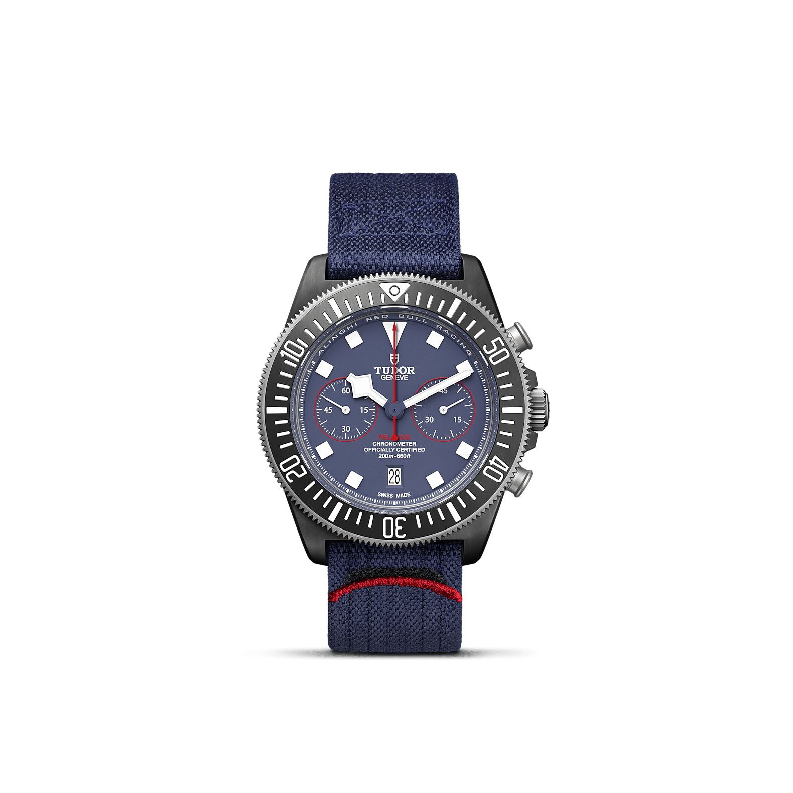 Wir präsentieren die TUDOR PELAGOS FXD CHRONO von Schullin: eine elegante, marineblaue Taucheruhr mit einem robusten Stoffarmband und einer drehbaren Lünette. Diese exquisite Uhr wird von Titans Kaliber MT5813 angetrieben und verfügt über Chronographen-Hilfszifferblätter. Das markante schwarze Zifferblatt mit weißen Markierungen und Zeigern hebt eine Datumsanzeige auf der 6-Uhr-Position hervor.