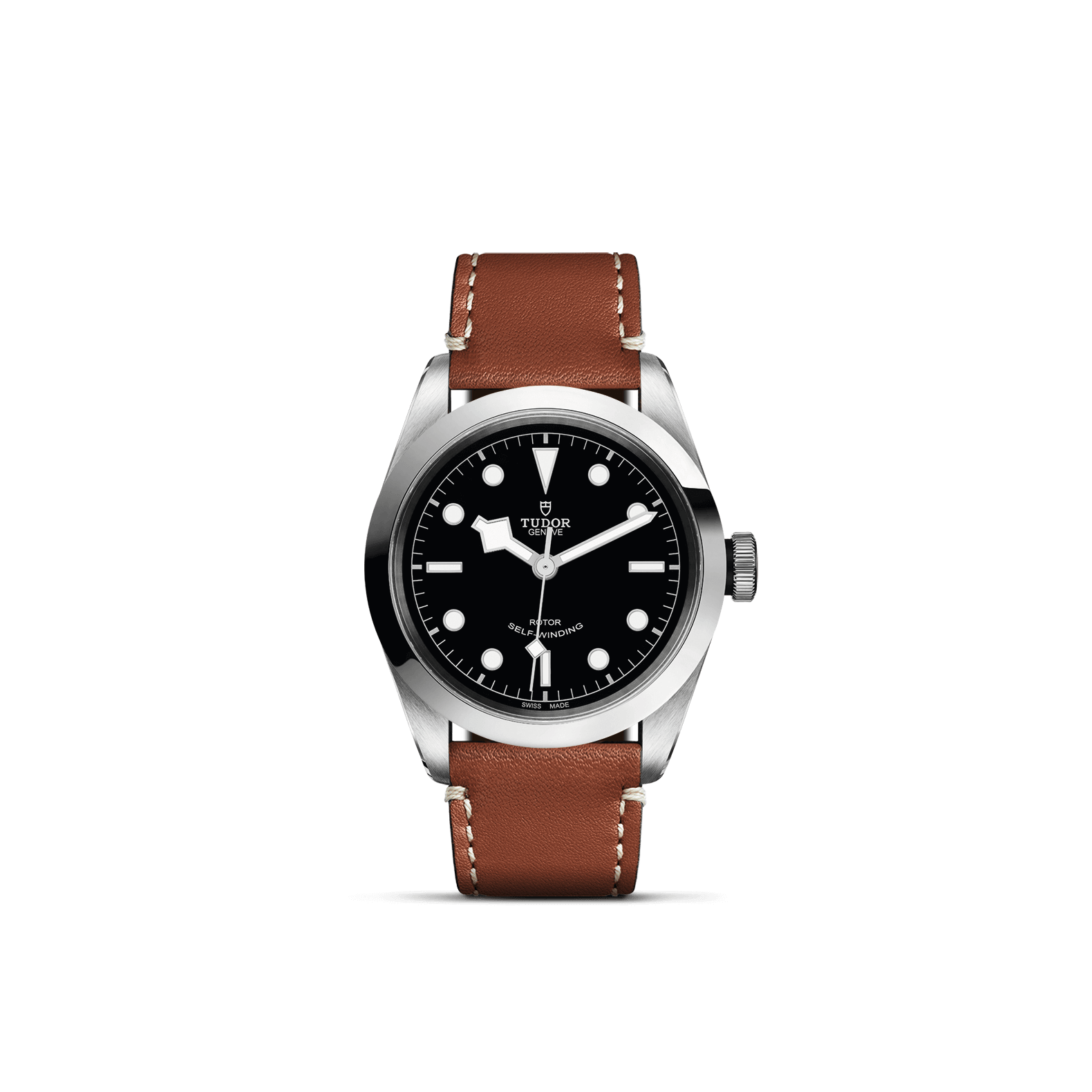 Die TUDOR BLACK BAY 41 von Schullin ist eine Armbanduhr mit einem 41 mm großen schwarzen Zifferblatt mit silberner Lünette und einem eleganten Kalbslederband. Das Design besticht durch leuchtende Punkte und Stundenmarkierungen auf einem schlichten schwarzen Hintergrund.