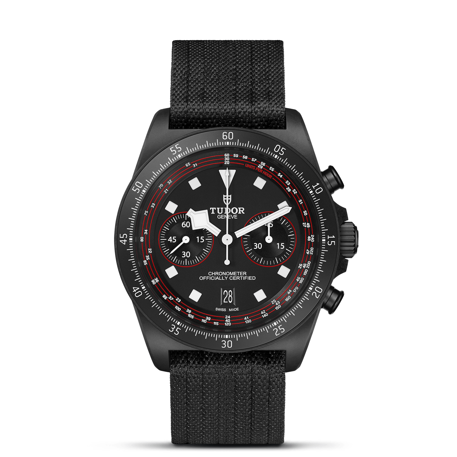 Die Schullin TUDOR PELAGOS FXD CHRONO Armbanduhr verfügt über ein schwarzes Chronographen-Zifferblatt mit drei Hilfszifferblättern, weiße Markierungen, ein Datumsfenster bei 6 Uhr, einen weißen Tudor Schriftzug unter 12 Uhr, eine schwarze Lünette, rote Akzente und ein schwarzes Stoffarmband.