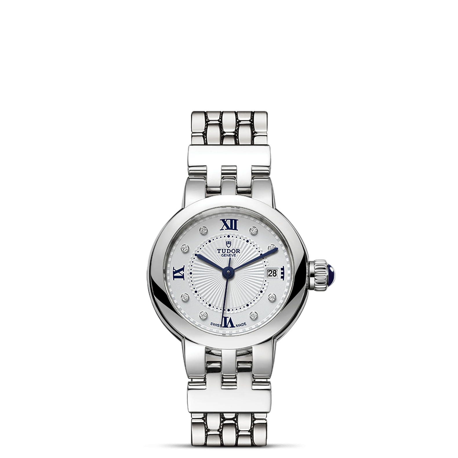 Die Schullin TUDOR CLAIR DE ROSE verfügt über ein silbernes Gehäuse, ein rundes weißes Zifferblatt mit blauen römischen Ziffern, diamantbesetzte Indexe, ein Datumsfenster bei 3 Uhr und ein Gliederarmband aus Metall, das vor einem schlichten weißen Hintergrund steht.