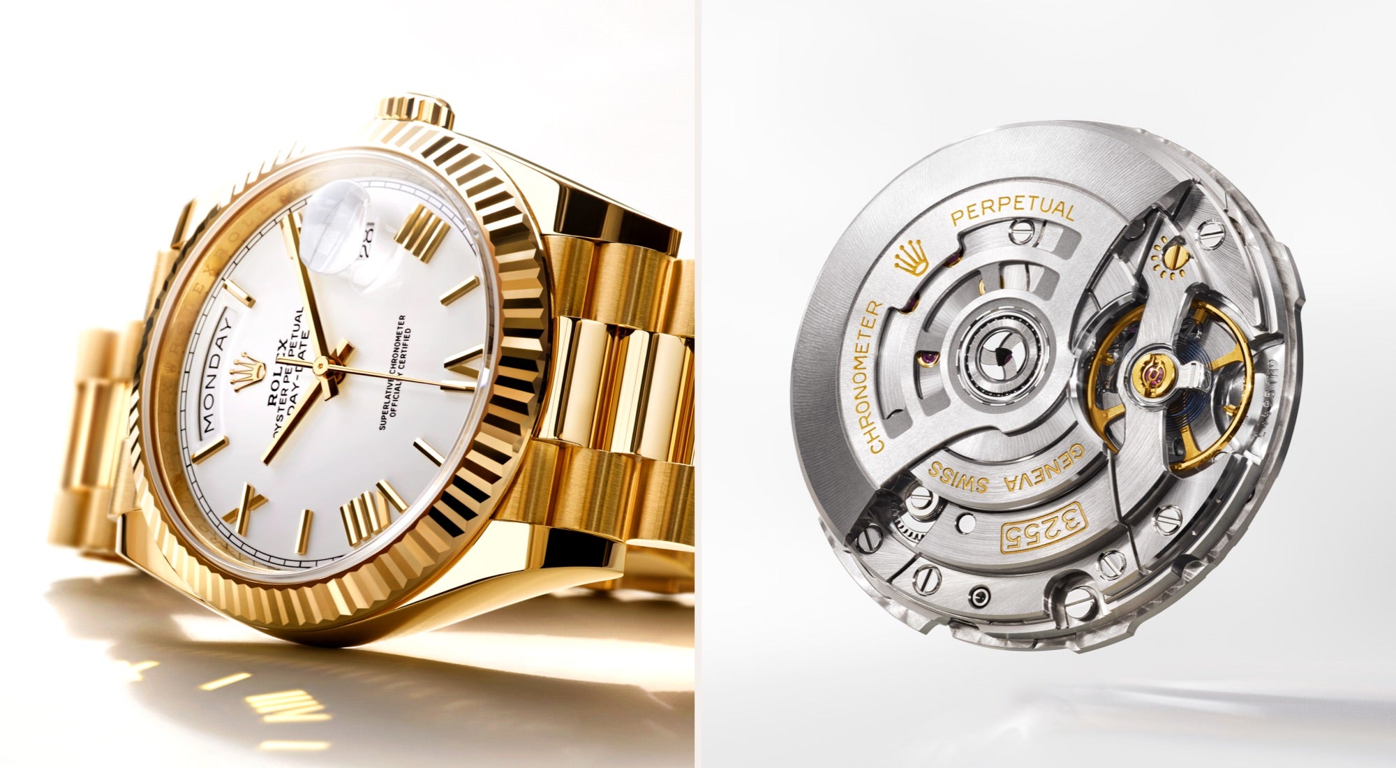Gezeigt wird eine luxuriöse goldene Armbanduhr mit weißem Zifferblatt, römischen Ziffern und einem eleganten Armband. Daneben zeigt eine Nahaufnahme des komplexen mechanischen Uhrwerks die Handwerkskunst und Präzision der Uhr.