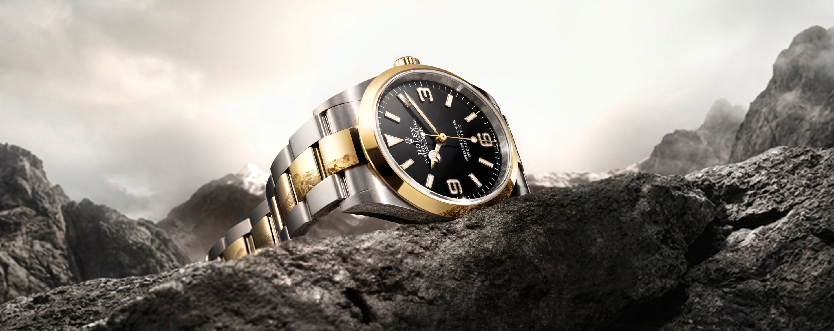Eine luxuriöse zweifarbige Armbanduhr mit schwarzem Zifferblatt und goldenen Akzenten ruht auf einem zerklüfteten Felsen, mit dramatischen Bergen und einem wolkenverhangenen Himmel im Hintergrund.