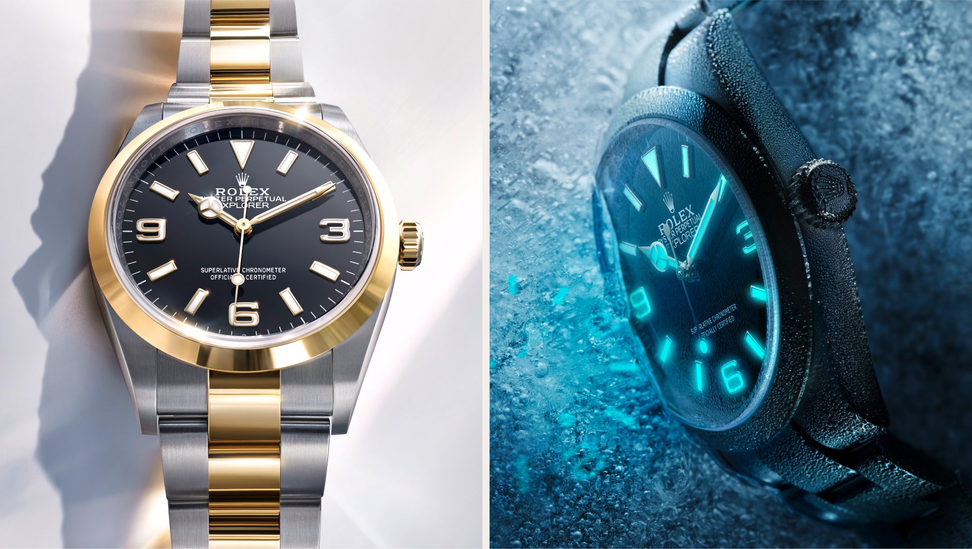 Bilder einer Rolex-Uhr nebeneinander: links eine goldene und silberne Uhr auf hellem Hintergrund; rechts die gleiche Uhr, die im Dunkeln blau leuchtet, umgeben von Eis und Tropfen.