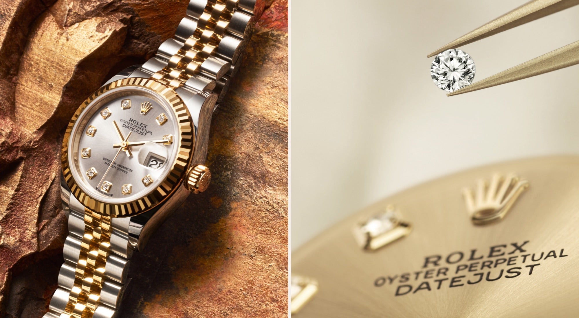 Links ist eine Rolex-Uhr aus Gold und Silber mit einem diamantenbesetzten Zifferblatt vor einem strukturierten braunen Hintergrund zu sehen. Rechts hält eine Pinzette einen Diamanten über einer Nahaufnahme des Zifferblatts der Uhr mit der Aufschrift „Rolex Oyster Perpetual Datejust“.