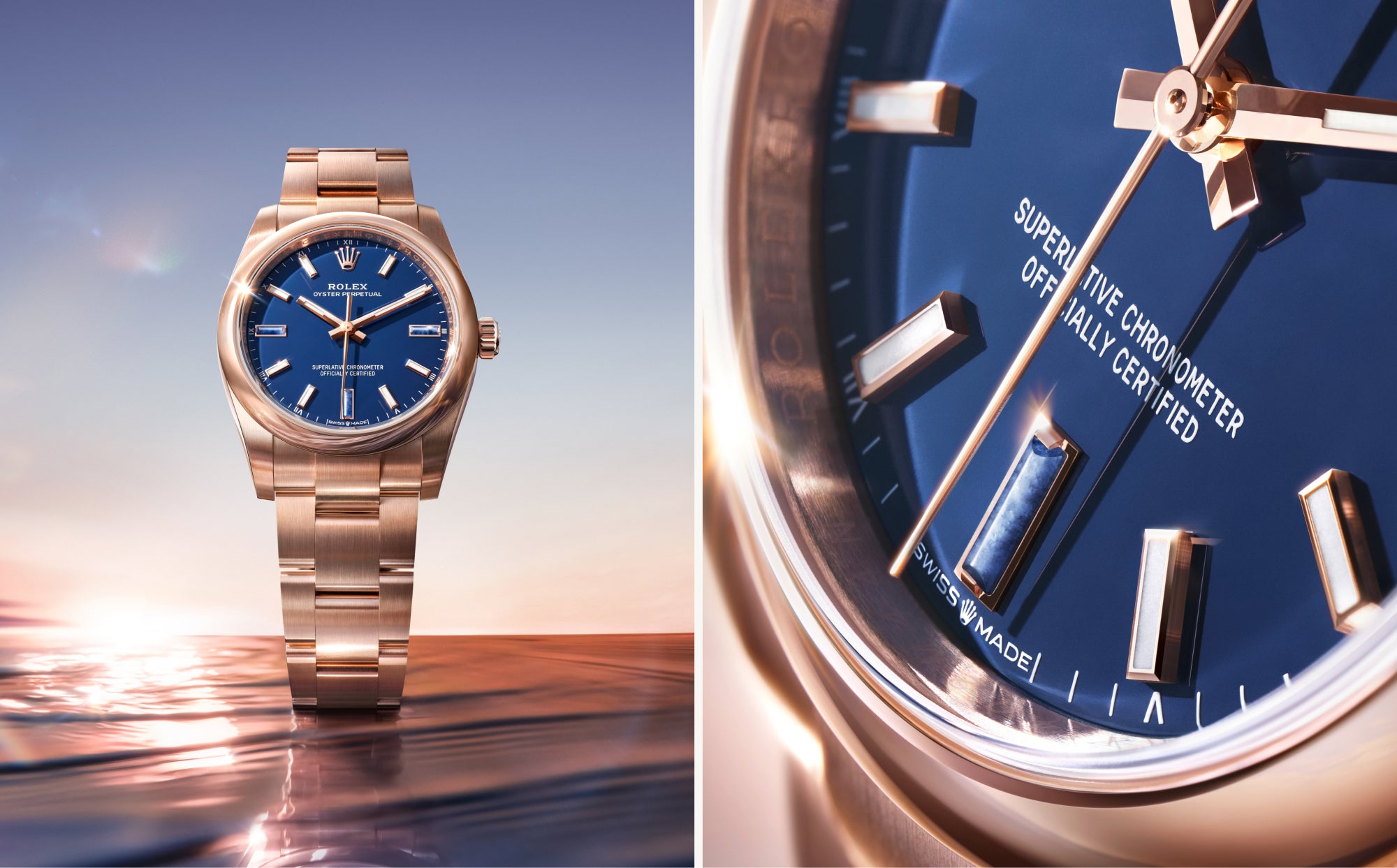 Eine goldene Armbanduhr mit blauem Zifferblatt steht links auf einer spiegelnden Fläche bei Sonnenuntergang, während rechts eine Nahaufnahme des Zifferblatts und der Zeiger zu sehen ist, die die Details und die Beschriftung hervorhebt.