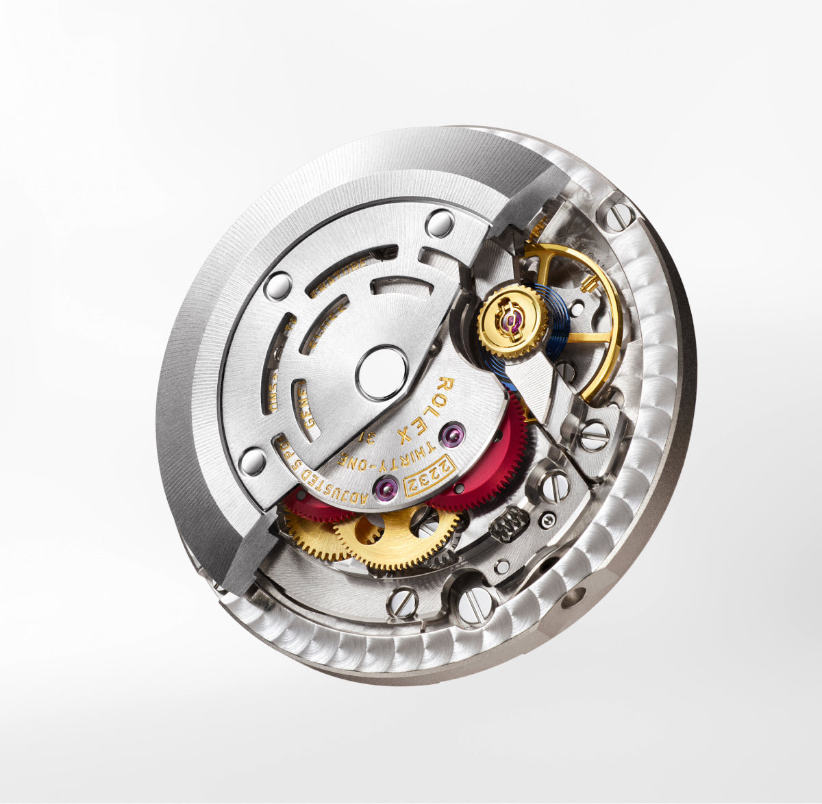 Eine Nahaufnahme eines luxuriösen mechanischen Uhrwerks mit komplizierten Zahnrädern, Schrauben und farbigen Komponenten in einem runden Metallgehäuse, isoliert auf einem weißen Hintergrund.
