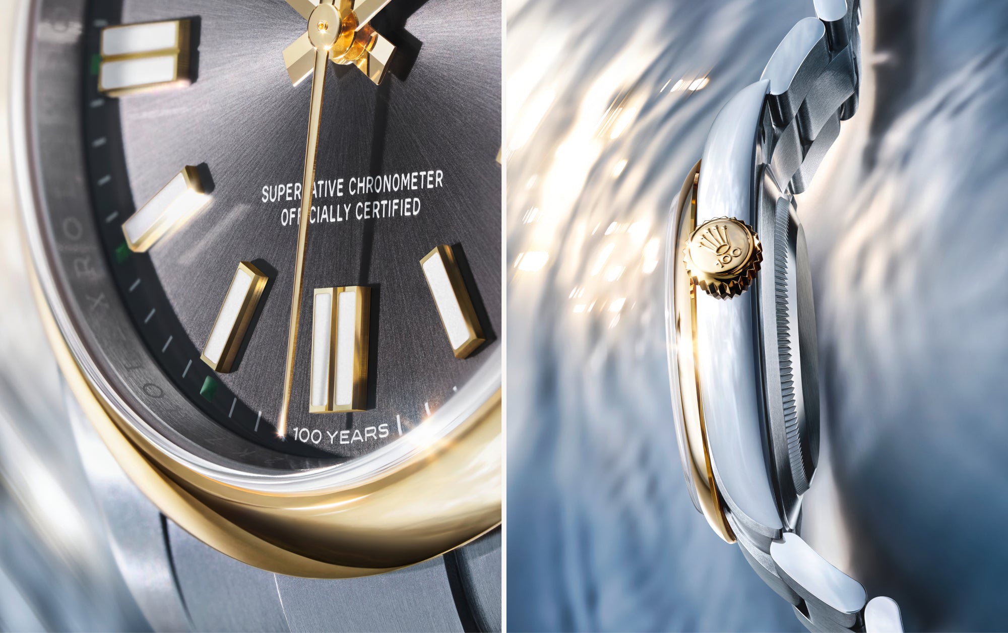 Nahaufnahme einer Luxusarmbanduhr mit schwarzem und goldenem Zifferblatt mit der Aufschrift "SUPERLATIVE CHRONOMETER OFFICIALLY CERTIFIED" und "100 YEARS" sowie einer detaillierten Seitenansicht des goldgekrönten Gehäuses.