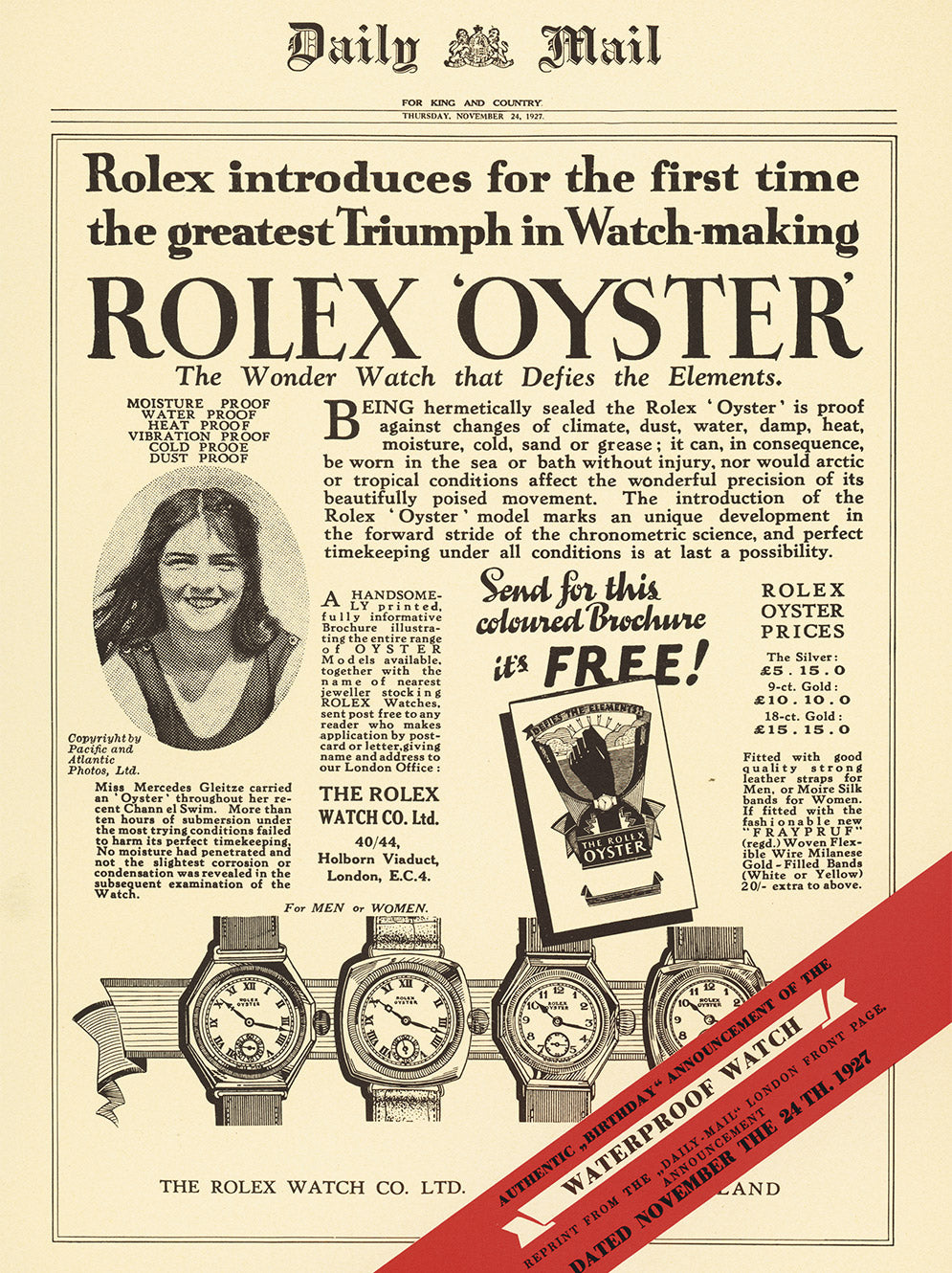 Eine alte Zeitungsanzeige zeigt eine Rolex "Oyster"-Uhr und wirbt für ihre Wasserdichtigkeit. Sie enthält ein Frauenporträt, Bilder der Uhr, beschreibenden Text und ein fettes rotes Banner, das die erste wasserdichte Uhr im Jahr 1927 hervorhebt.