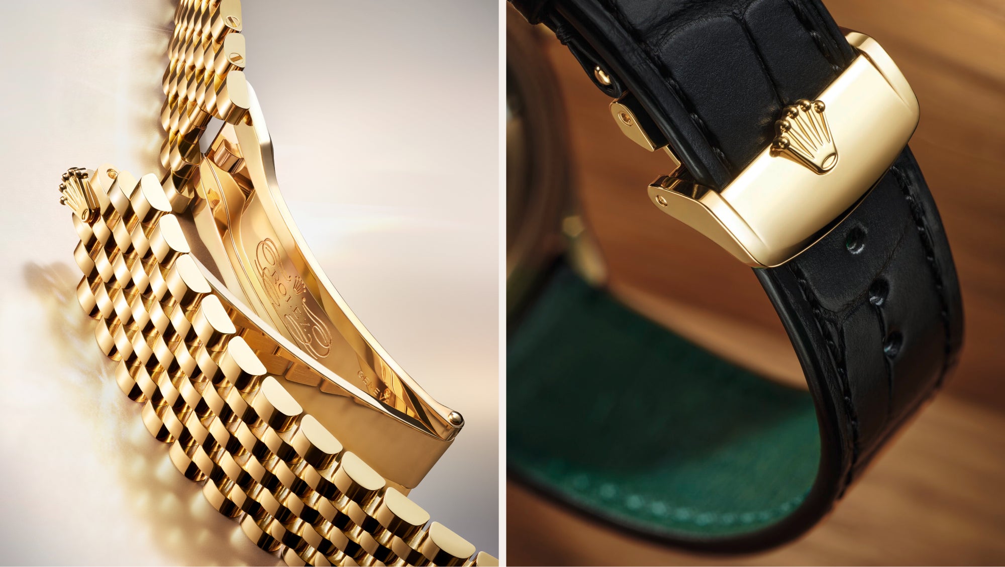 Nahaufnahme zweier luxuriöser Uhrenverschlüsse: einer aus Gold mit Gliederarmband und Rolex-Kronenlogo, der andere aus Gold an einem schwarzen Lederarmband, ebenfalls mit Rolex-Kronenlogo.