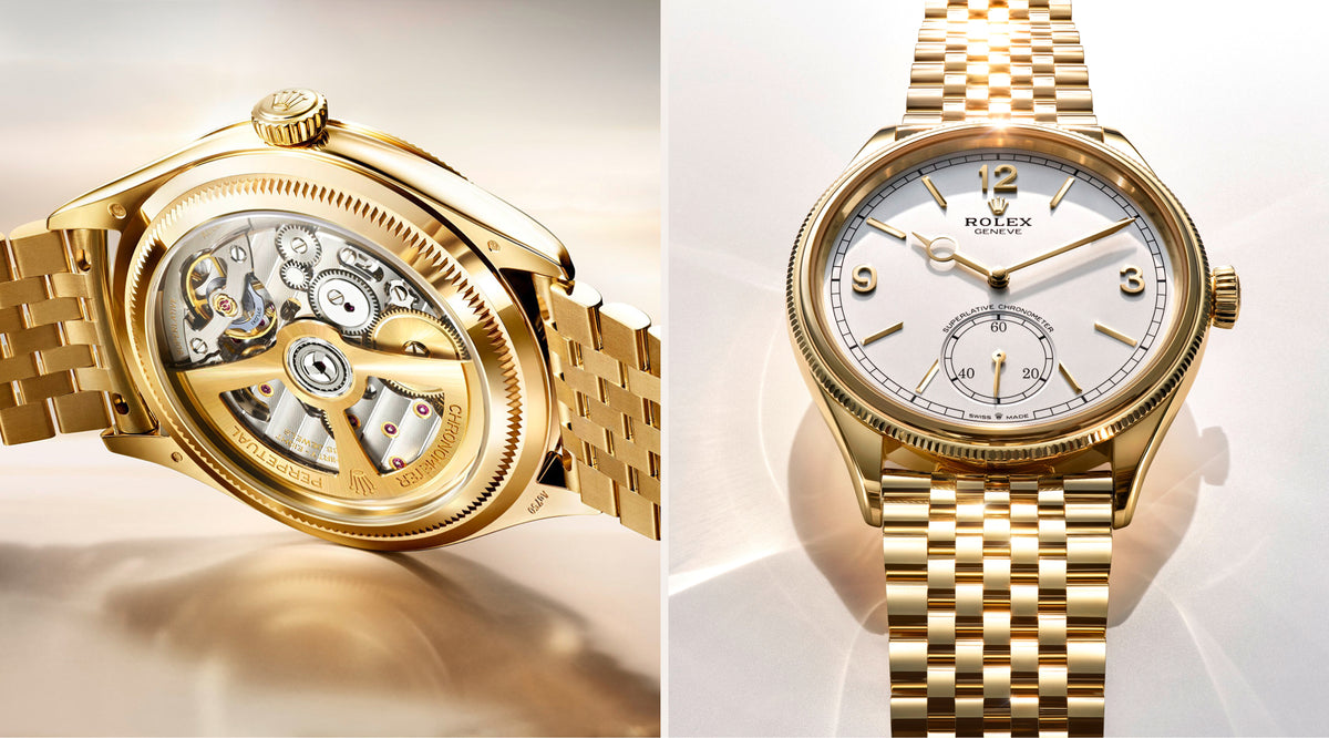 Eine goldene Rolex-Uhr wird aus zwei Blickwinkeln gezeigt: Auf der linken Abbildung ist das filigrane Uhrwerk hinter dem Gehäuseboden zu sehen, während die rechte Abbildung das klassische Zifferblatt und das goldene Armband zeigt.