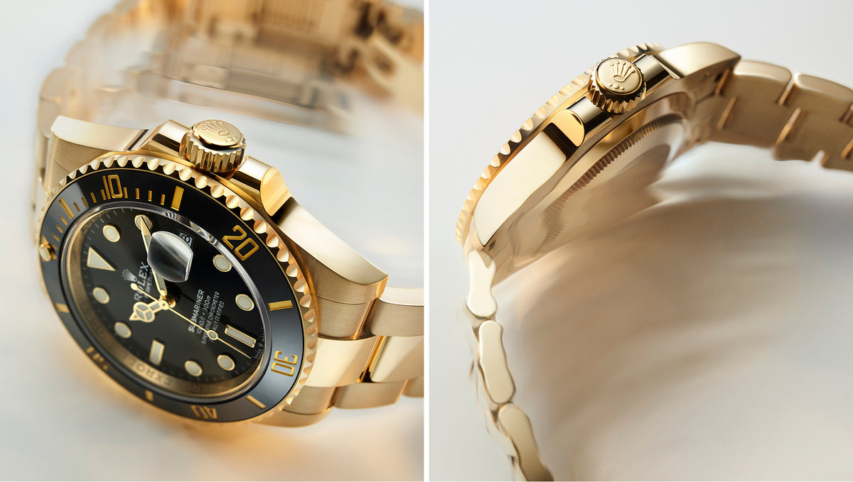 Nahaufnahmen einer goldenen Rolex Submariner, die links das schwarze Zifferblatt mit goldenen Akzenten und rechts die detailreiche Krone und das Armband zeigen – beides unterstreicht das luxuriöse Design.