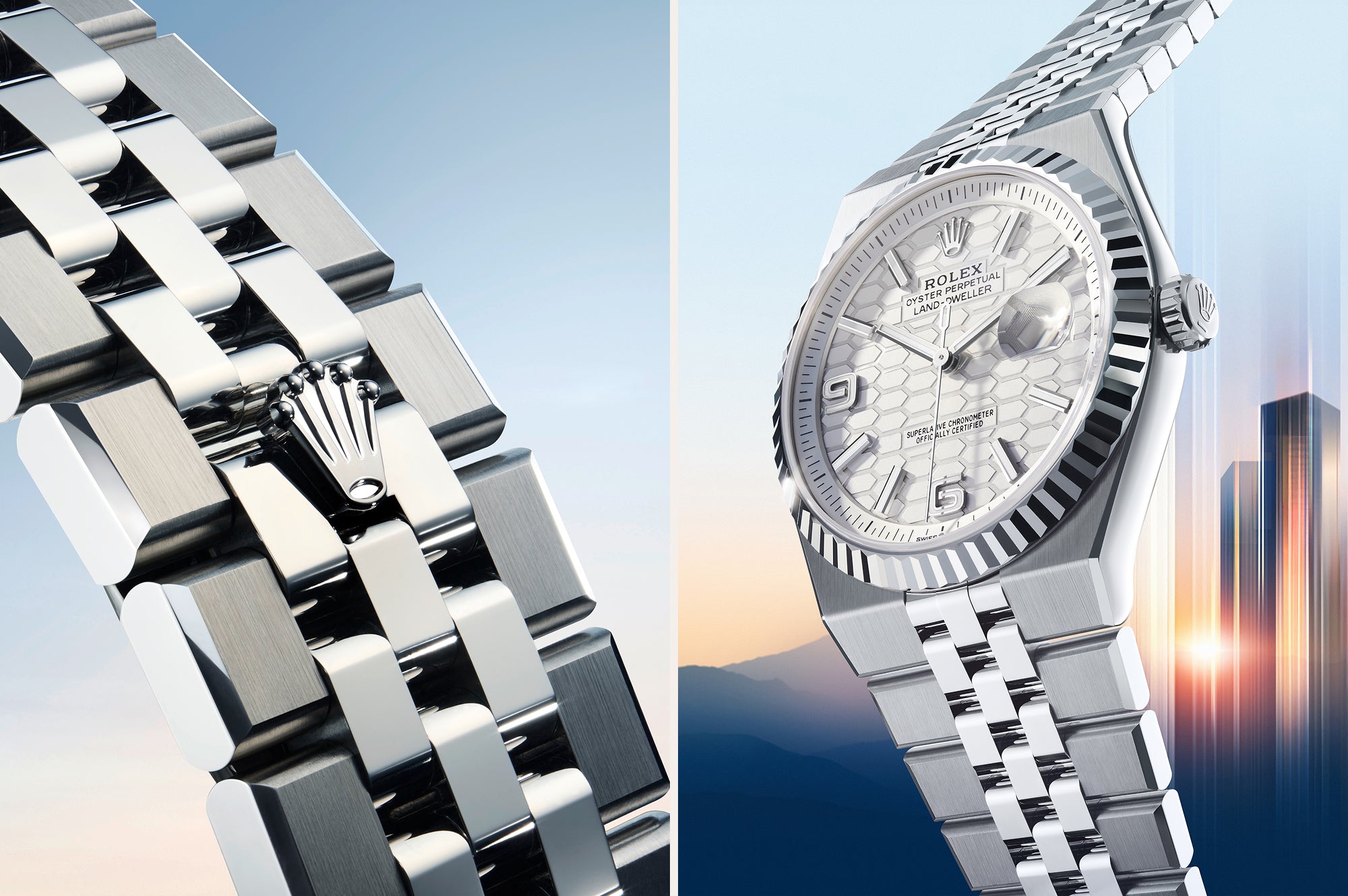 Nahaufnahmen einer silbernen Rolex-Uhr mit einem Metallgliederarmband. Die linke Seite zeigt die Details des Armbands und das Rolex-Kronenlogo; die rechte Seite zeigt das Zifferblatt mit einem gemusterten Ziffernblatt vor einem sanft verschwommenen Hintergrund einer Stadtlandschaft.