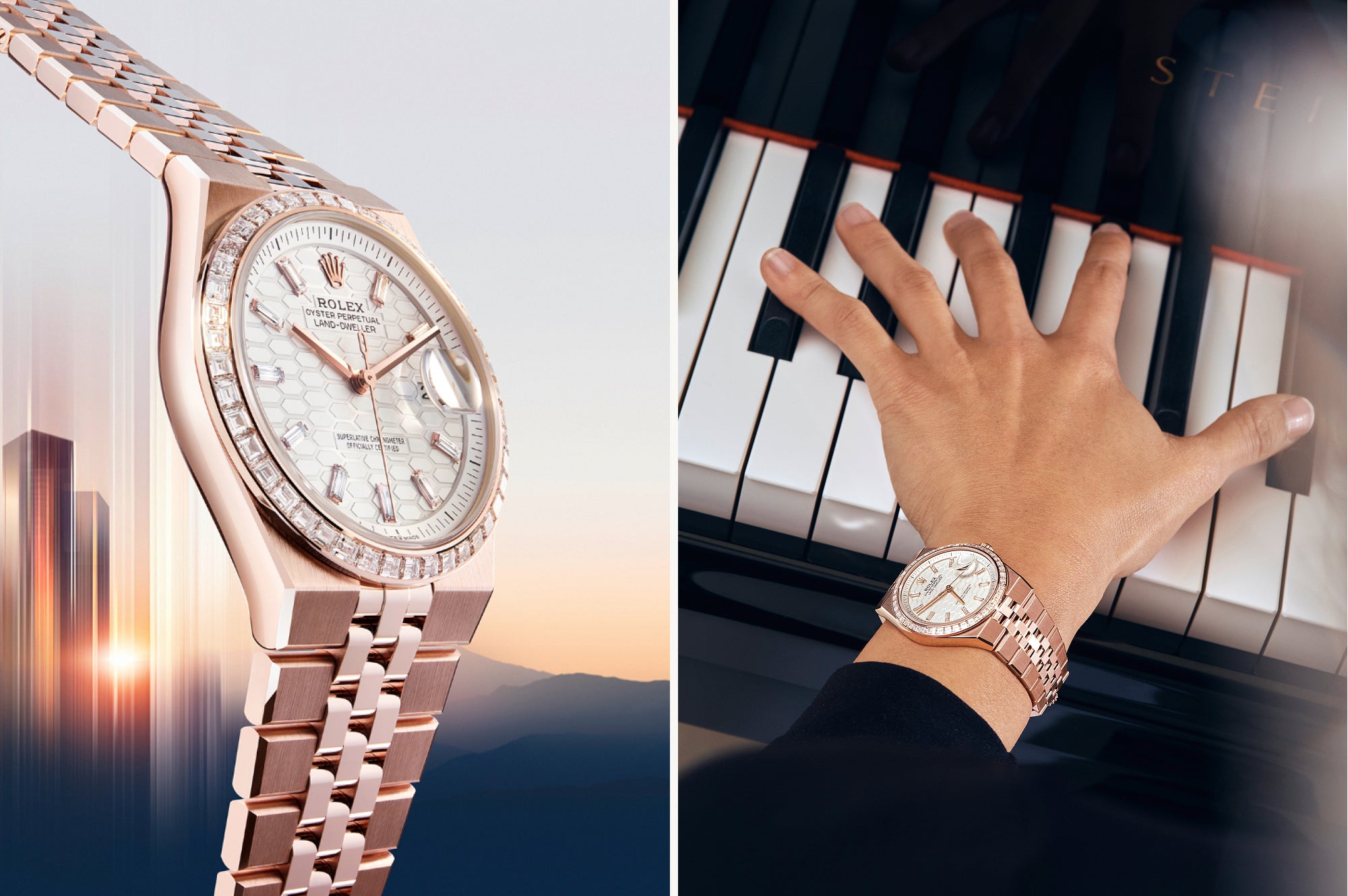 Eine Nahaufnahme einer luxuriösen Rolex-Uhr aus Roségold mit einer Diamantlünette, die allein und am Handgelenk einer Person beim Klavierspielen gezeigt wird. Die Uhr hat ein strukturiertes weißes Zifferblatt und ein elegantes Metallarmband.