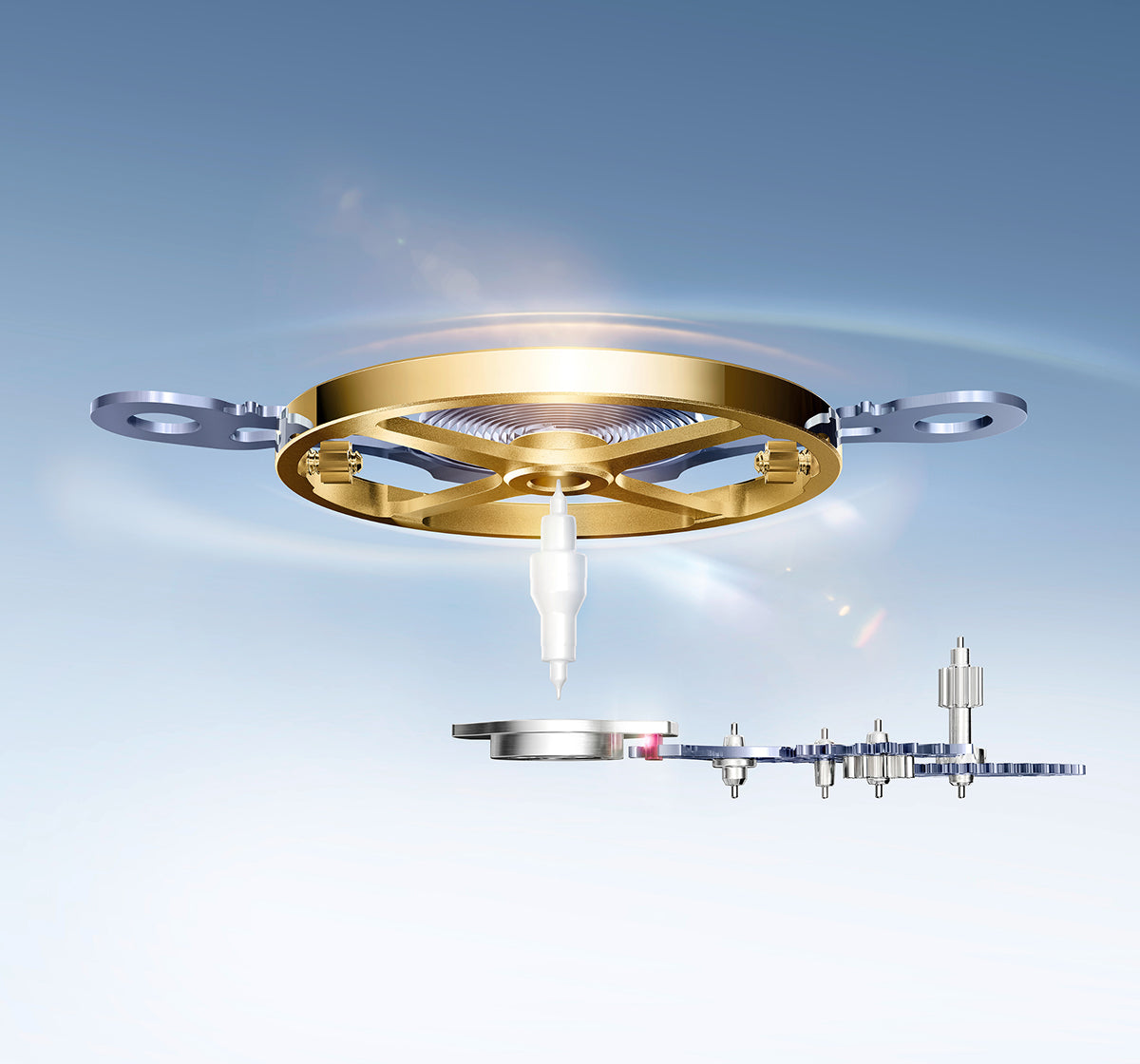 Ein 3D-gerendertes Bild eines mechanischen Uhrwerks mit einer goldenen Unruh, einer Spiralfeder und kleinen Zahnrädern darunter, dargestellt vor einem blauen Hintergrund mit Farbverlauf.